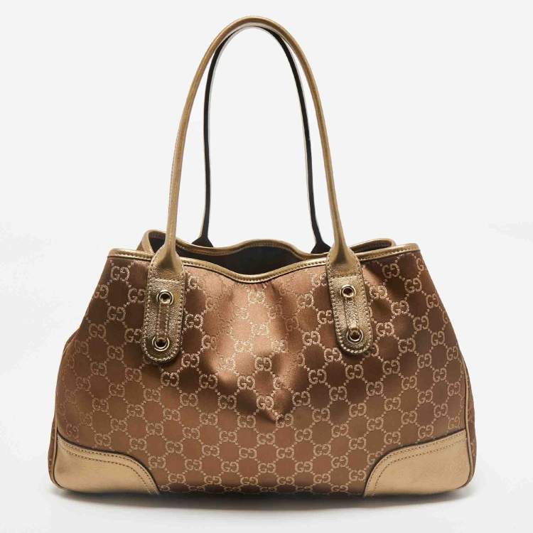 Pre Owned Gucci Bronze/Gold GG Fabric and Leather Princy Tote 