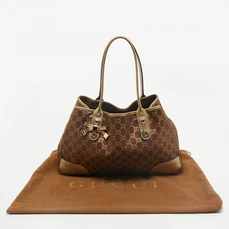Pre Owned Gucci Bronze/Gold GG Fabric and Leather Princy Tote 