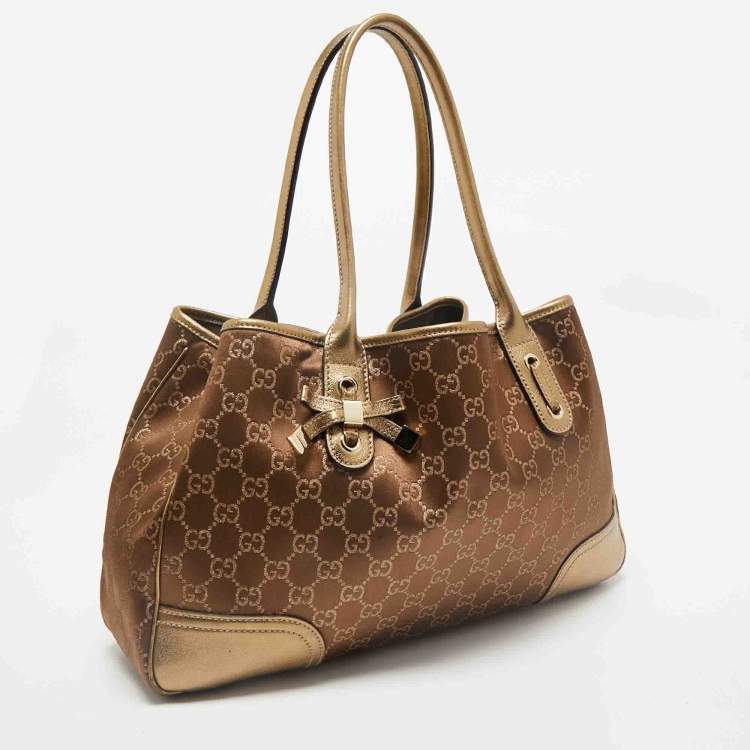 Pre Owned Gucci Bronze/Gold GG Fabric and Leather Princy Tote 
