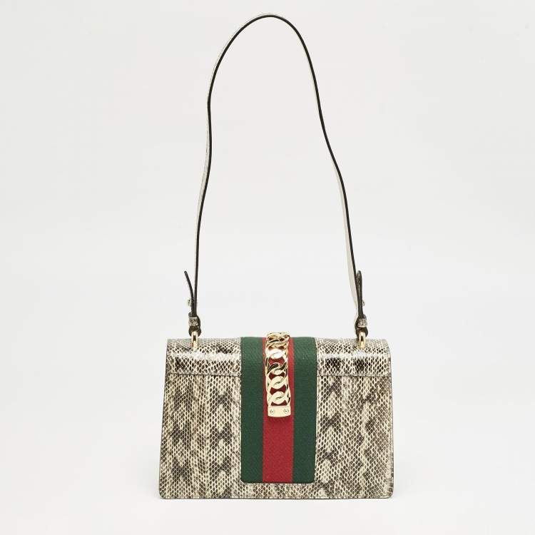 Pre Owned Gucci Black/White Watersnake Leather Small Web Chain Sylvie Shoulder Bag
