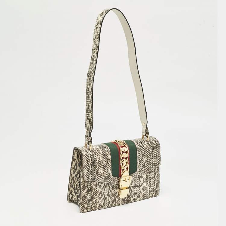 Pre Owned Gucci Black/White Watersnake Leather Small Web Chain Sylvie Shoulder Bag