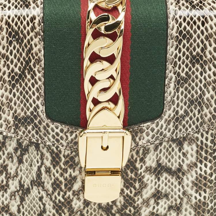 Pre Owned Gucci Black/White Watersnake Leather Small Web Chain Sylvie Shoulder Bag