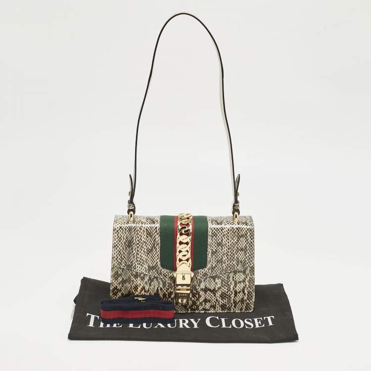 Pre Owned Gucci Black/White Watersnake Leather Small Web Chain Sylvie Shoulder Bag