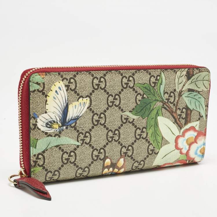 Pre Owned Gucci Red/Beige GG Supreme Canvas Tian Zip Around Wallet