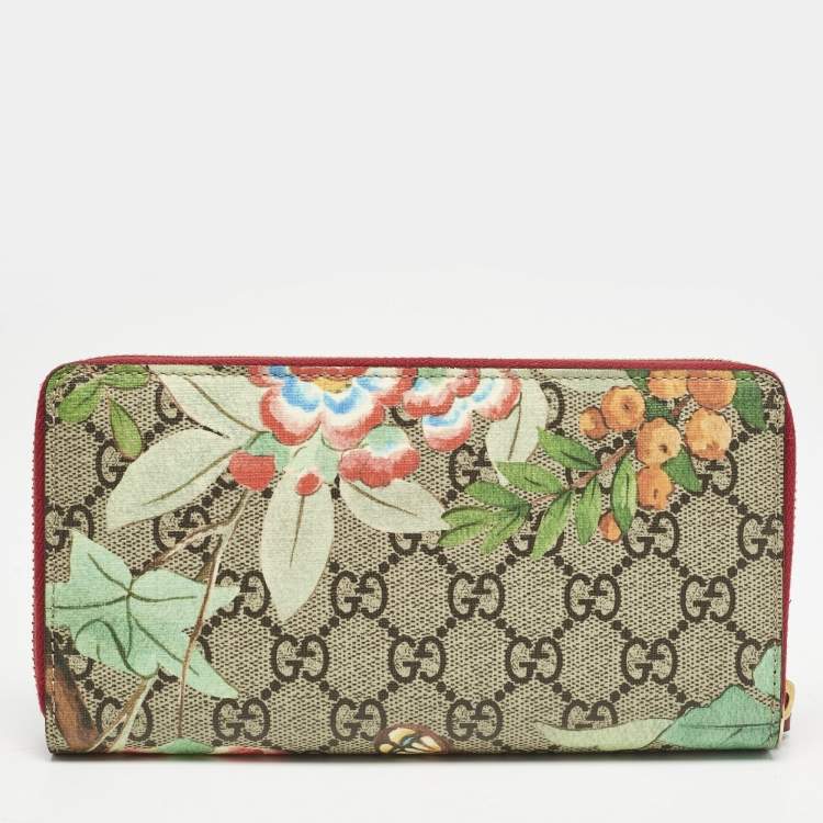 Pre Owned Gucci Red/Beige GG Supreme Canvas Tian Zip Around Wallet