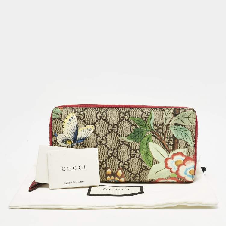 Pre Owned Gucci Red/Beige GG Supreme Canvas Tian Zip Around Wallet