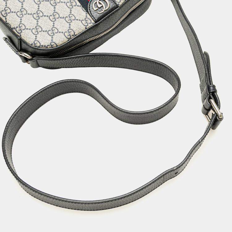 Pre Owned Gucci Beige Black Small GG Supreme Textured Dollar Calfskin Web Ophidia Camera Bag