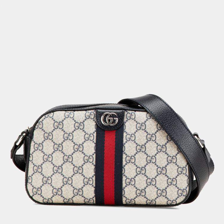 Pre Owned Gucci Beige Black Small GG Supreme Textured Dollar Calfskin Web Ophidia Camera Bag