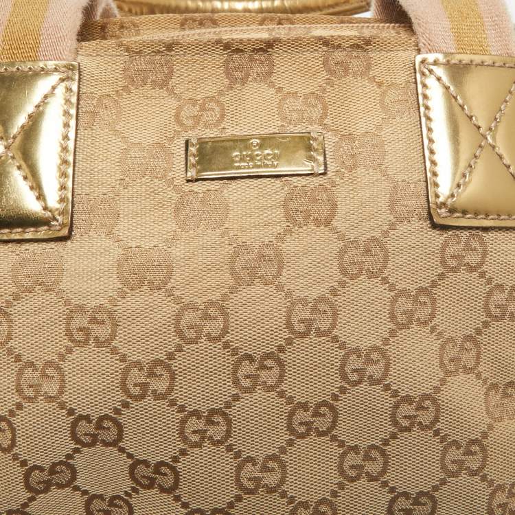 Pre Owned Gucci Beige/Gold GG Canvas and Patent Leather Small Web Tote
