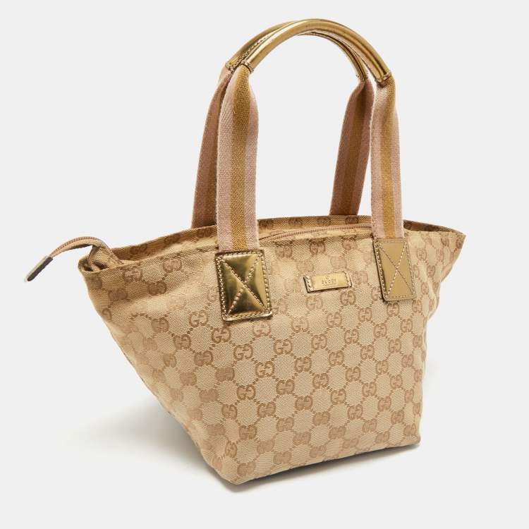 Pre Owned Gucci Beige/Gold GG Canvas and Patent Leather Small Web Tote