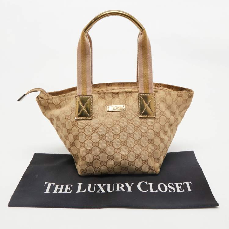 Pre Owned Gucci Beige/Gold GG Canvas and Patent Leather Small Web Tote