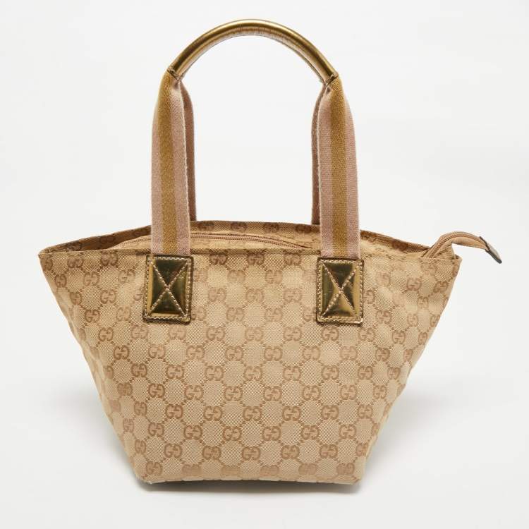 Pre Owned Gucci Beige/Gold GG Canvas and Patent Leather Small Web Tote