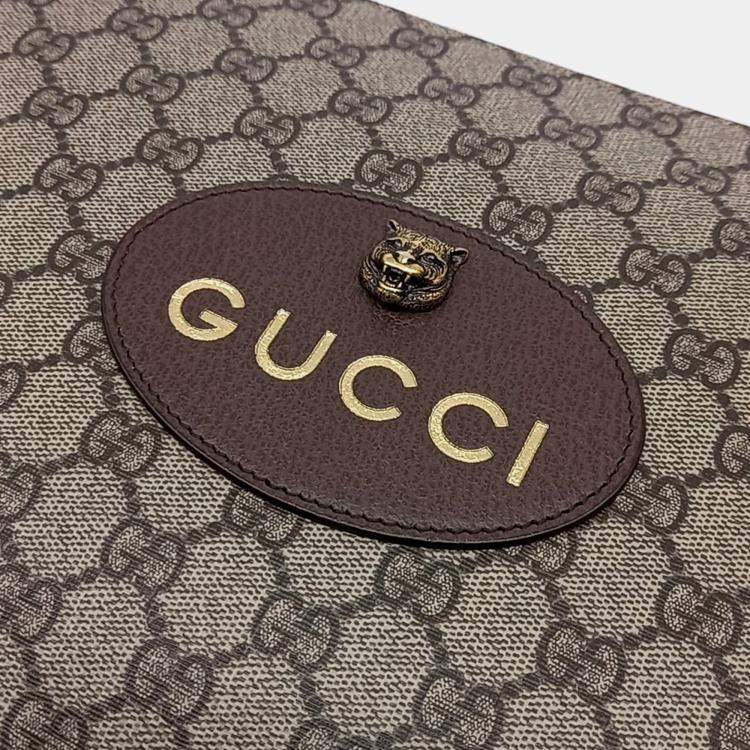 Pre Owned Gucci Beige Brown Leather and PVC GG Supreme Clutch