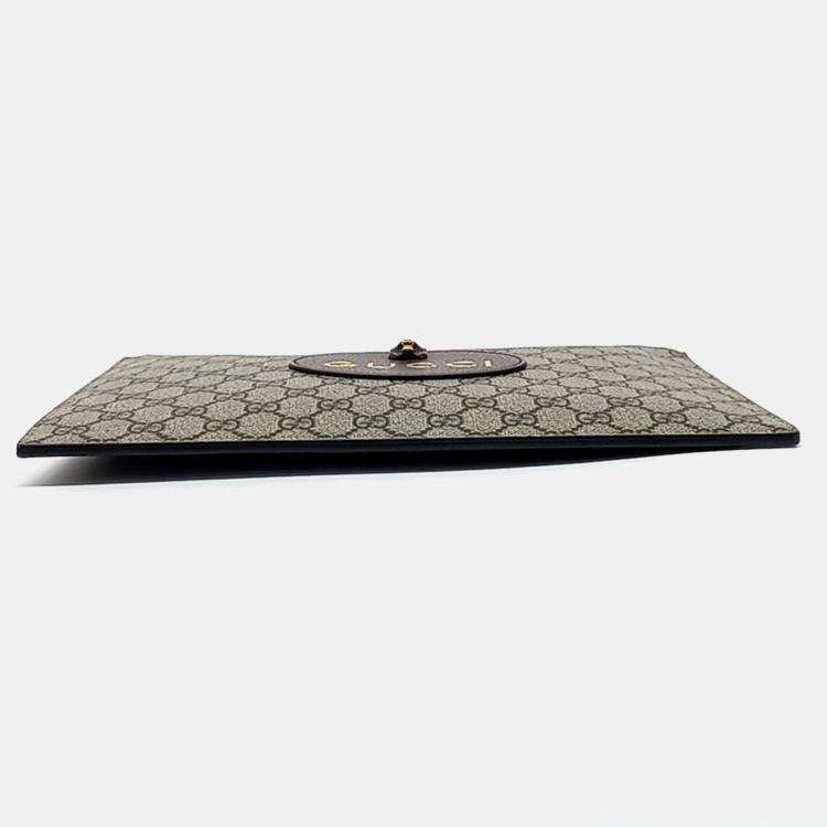 Pre Owned Gucci Beige Brown Leather and PVC GG Supreme Clutch