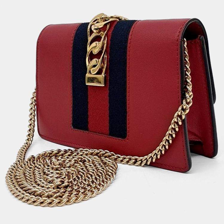 Pre Owned Gucci Red Leather Sylvie Mini Crossbody Bag