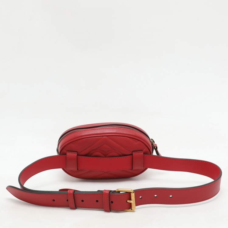 Pre Owned Gucci Red Matelassé Leather Mini GG Marmont Belt Bag