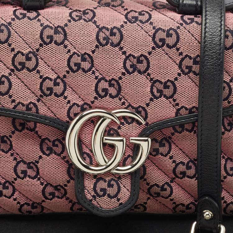Pre Owned Gucci Pink/Navy Blue Diagonal Matelassé GG Canvas Mini GG Marmont Top Handle Bag