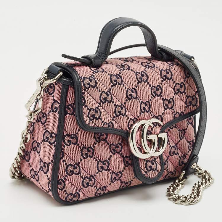 Pre Owned Gucci Pink/Navy Blue Diagonal Matelassé GG Canvas Mini GG Marmont Top Handle Bag