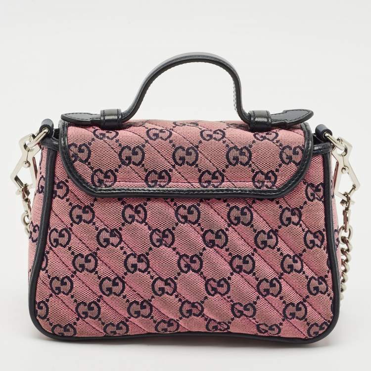 Pre Owned Gucci Pink/Navy Blue Diagonal Matelassé GG Canvas Mini GG Marmont Top Handle Bag