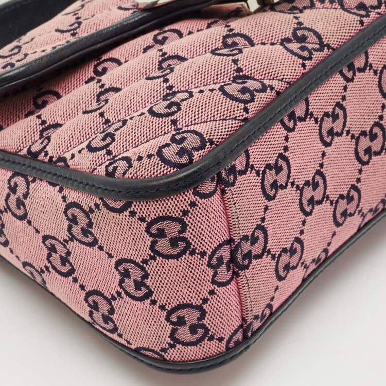 Pre Owned Gucci Pink/Navy Blue Diagonal Matelassé GG Canvas Mini GG Marmont Top Handle Bag