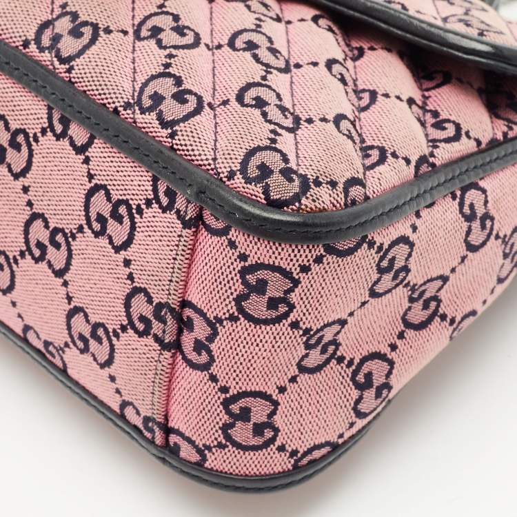 Pre Owned Gucci Pink/Navy Blue Diagonal Matelassé GG Canvas Mini GG Marmont Top Handle Bag