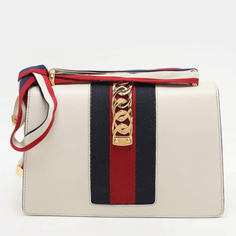 Pre Owned Gucci White Leather Small Web Chain Sylvie Flap Shoulder Bag