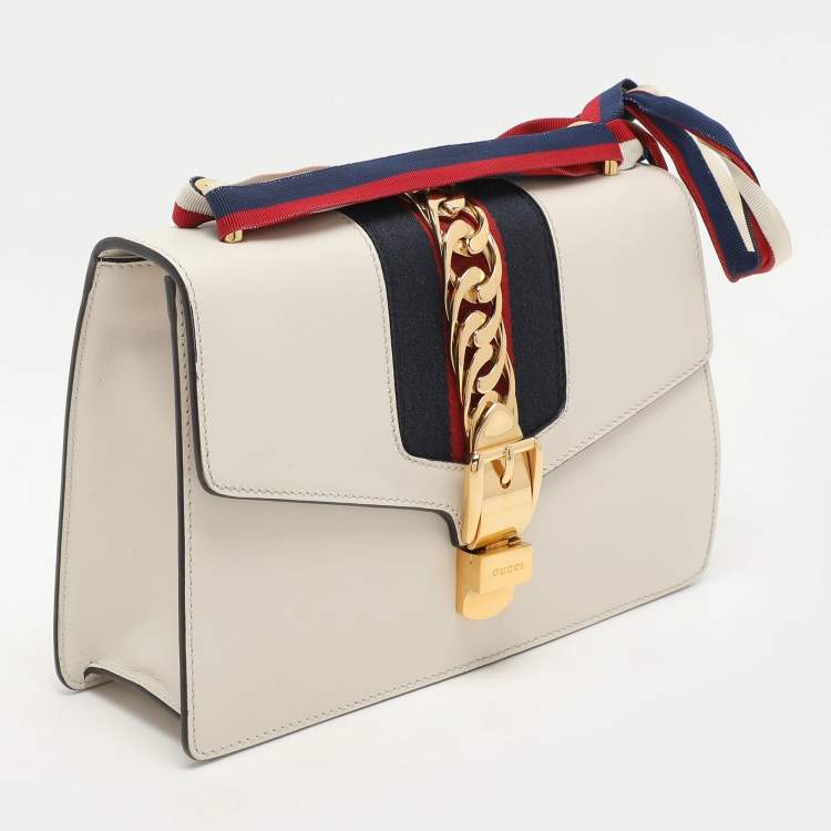 Pre Owned Gucci White Leather Small Web Chain Sylvie Flap Shoulder Bag