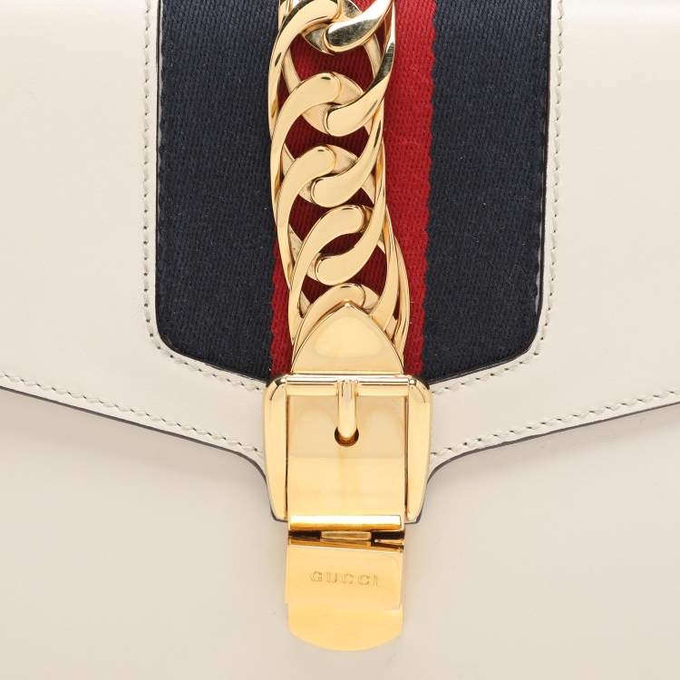 Pre Owned Gucci White Leather Small Web Chain Sylvie Flap Shoulder Bag