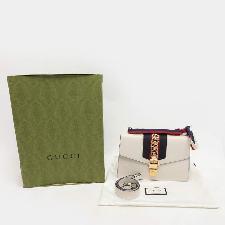 Pre Owned Gucci White Leather Small Web Chain Sylvie Flap Shoulder Bag