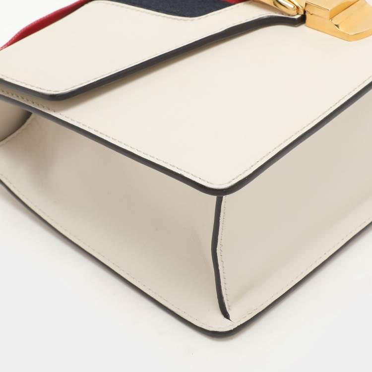 Pre Owned Gucci White Leather Small Web Chain Sylvie Flap Shoulder Bag