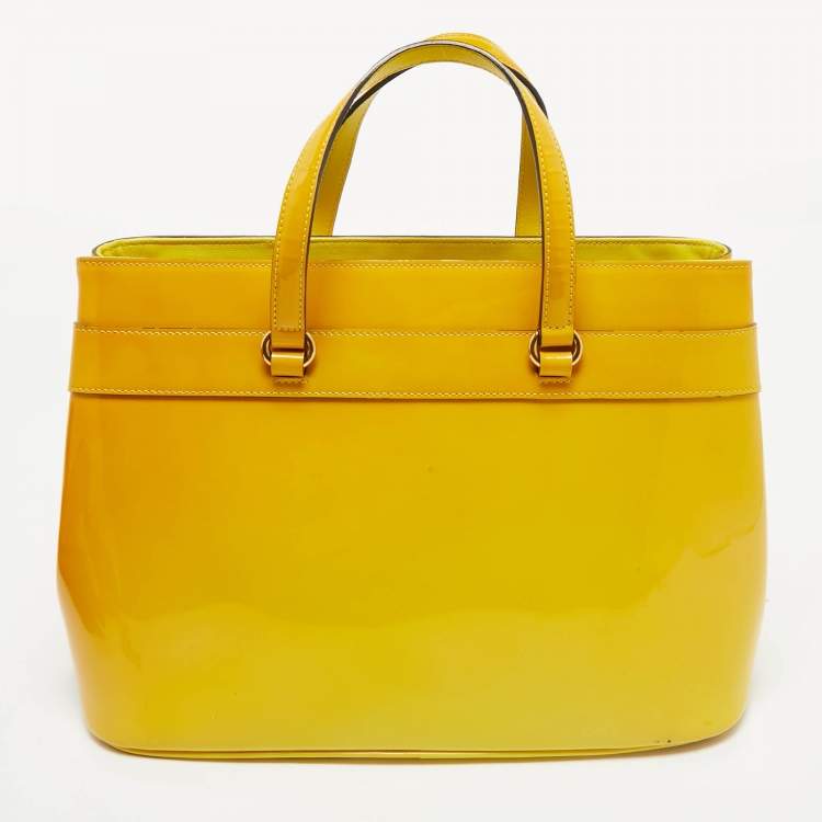 Pre Owned Gucci Yellow Ombre Patent Leather Medium Bright Bit Tote