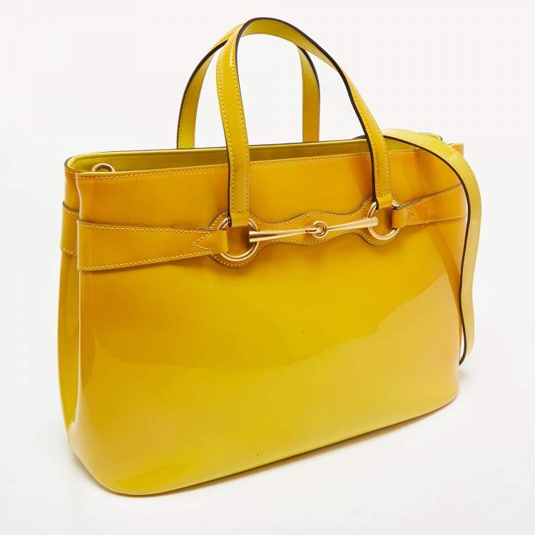 Pre Owned Gucci Yellow Ombre Patent Leather Medium Bright Bit Tote