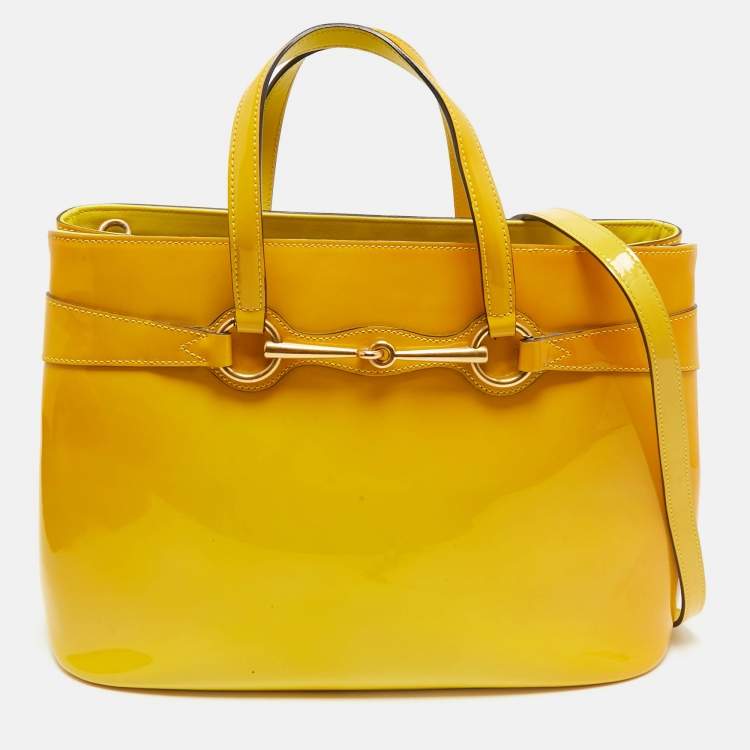 Pre Owned Gucci Yellow Ombre Patent Leather Medium Bright Bit Tote