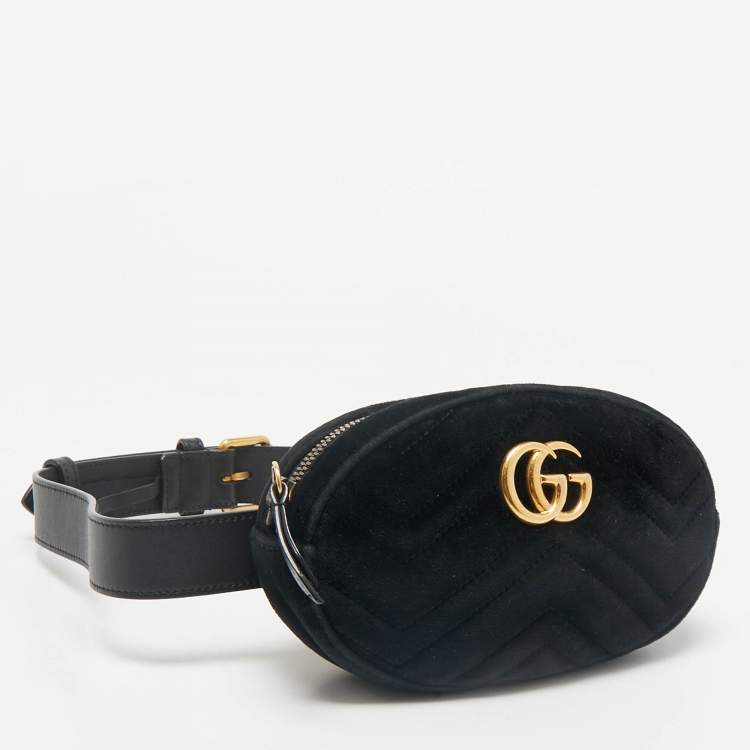 Pre Owned Gucci Black Matelassé Velvet Mini GG Marmont Belt Bag