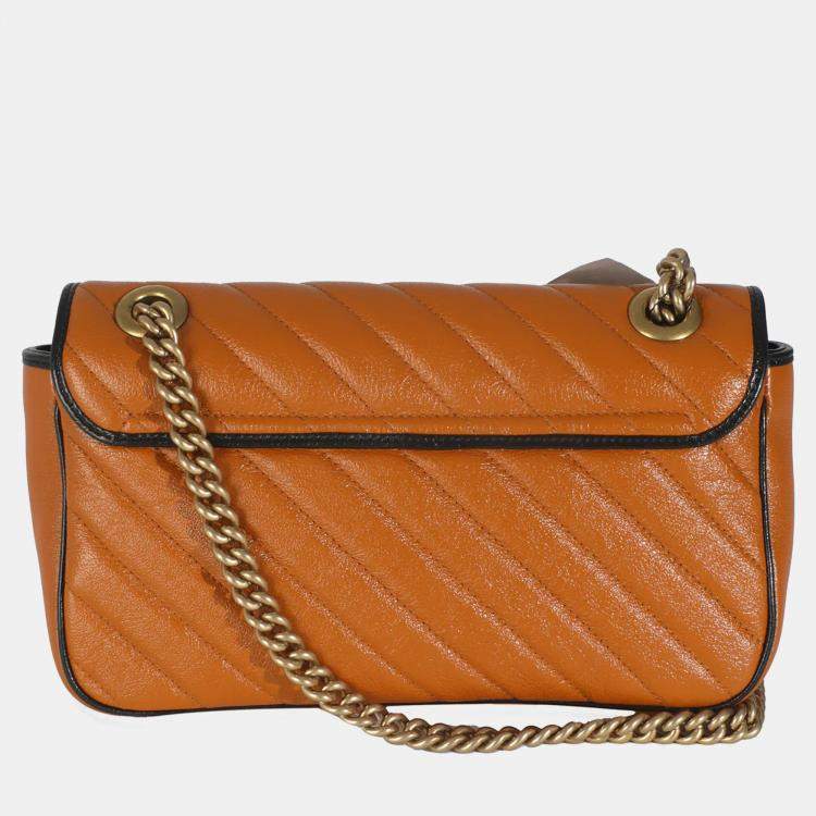 Pre Owned Gucci Cognac Calfskin Matelasse Diagonal Small Torchon GG Marmont Shoulder Bag
