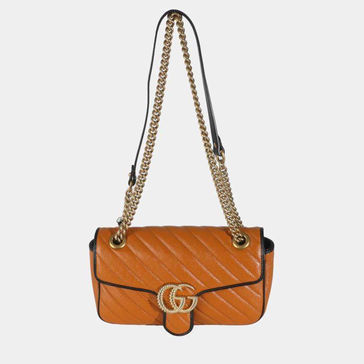 Pre Owned Gucci Cognac Calfskin Matelasse Diagonal Small Torchon GG Marmont Shoulder Bag