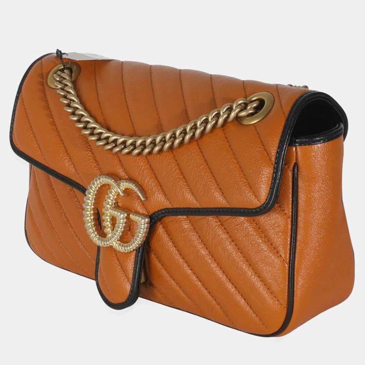 Pre Owned Gucci Cognac Calfskin Matelasse Diagonal Small Torchon GG Marmont Shoulder Bag