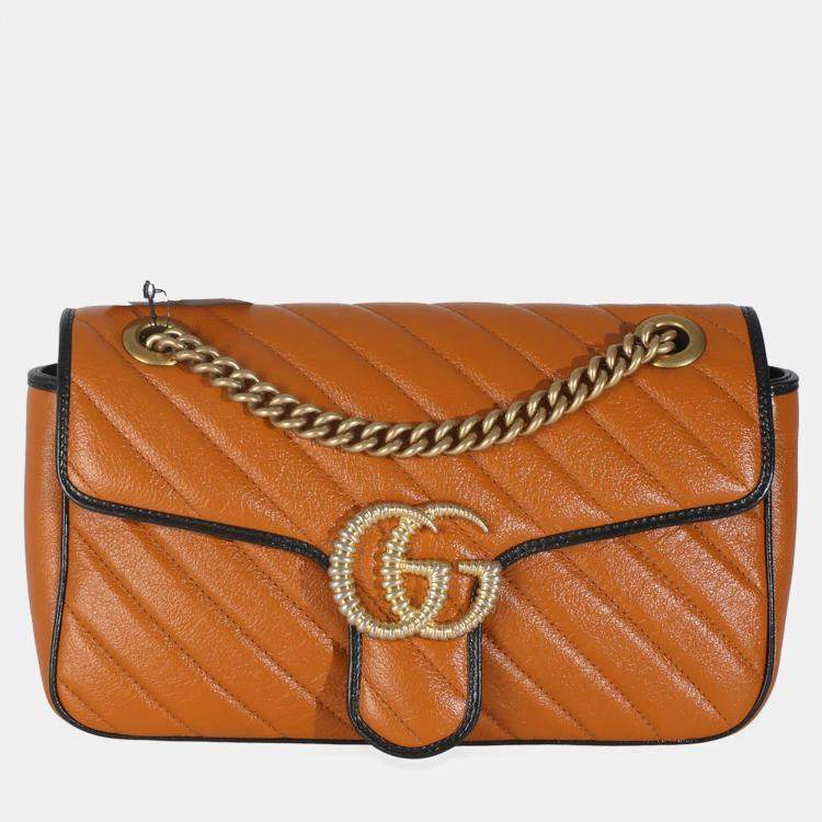 Pre Owned Gucci Cognac Calfskin Matelasse Diagonal Small Torchon GG Marmont Shoulder Bag