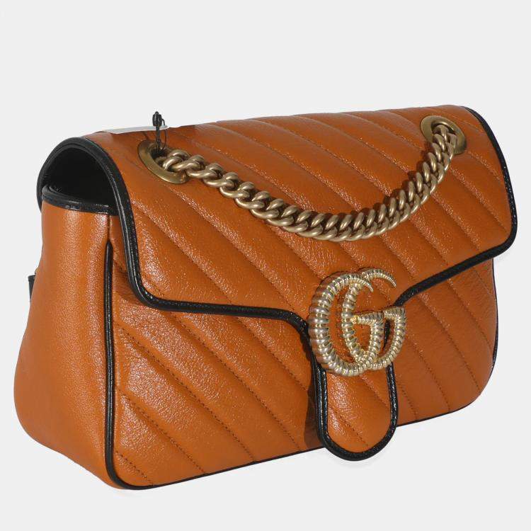 Pre Owned Gucci Cognac Calfskin Matelasse Diagonal Small Torchon GG Marmont Shoulder Bag