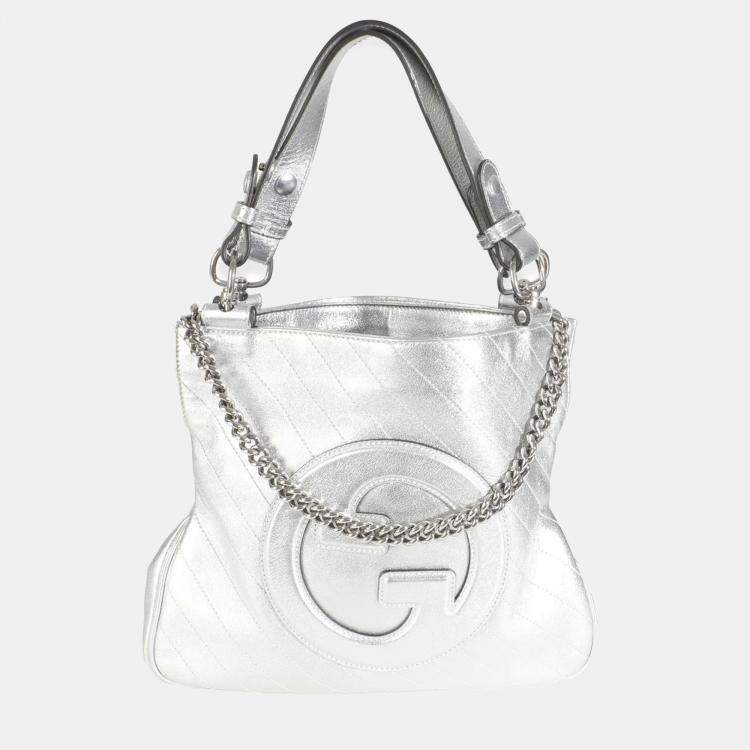 Pre Owned Gucci Silver Metallic Sakai Diagonal Stitched Calfskin Small Blondie Tote bag