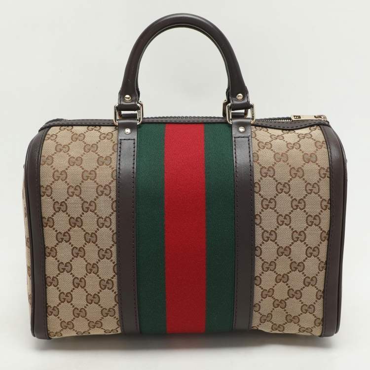 Pre Owned Gucci Beige/Brown GG Canvas and Leather Medium Vintage Web Boston Bag