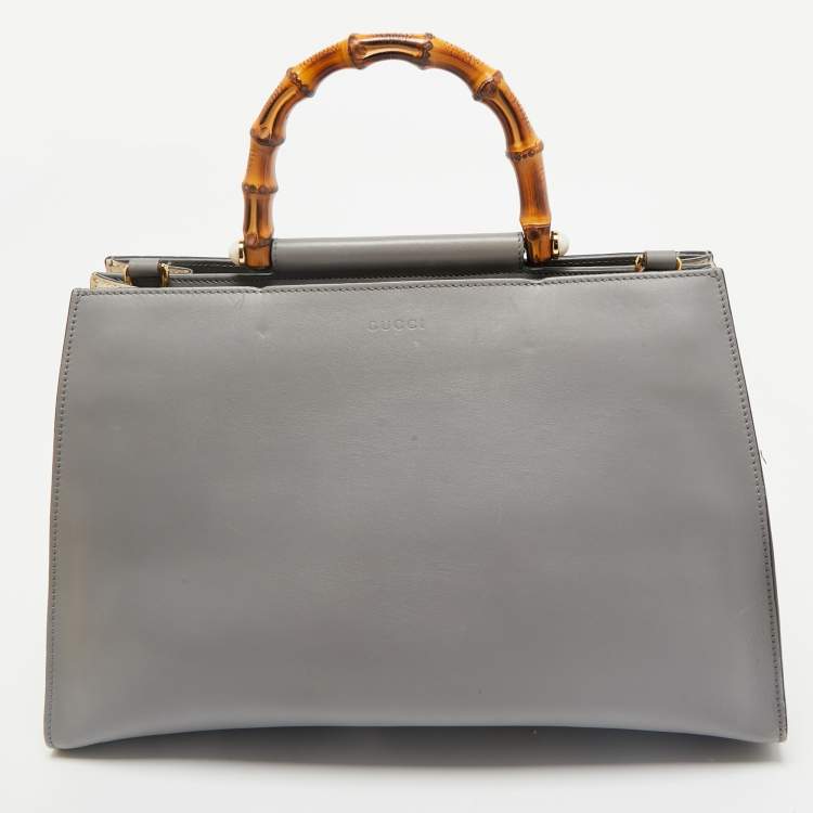 Pre Owned Gucci Grey Leather Medium Nymphaea Bamboo Tote