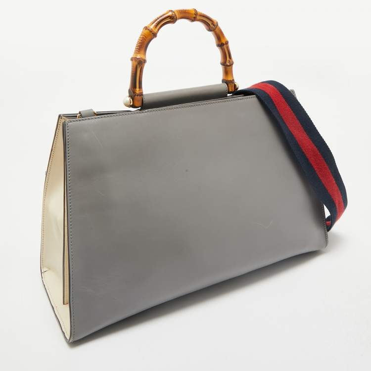 Pre Owned Gucci Grey Leather Medium Nymphaea Bamboo Tote