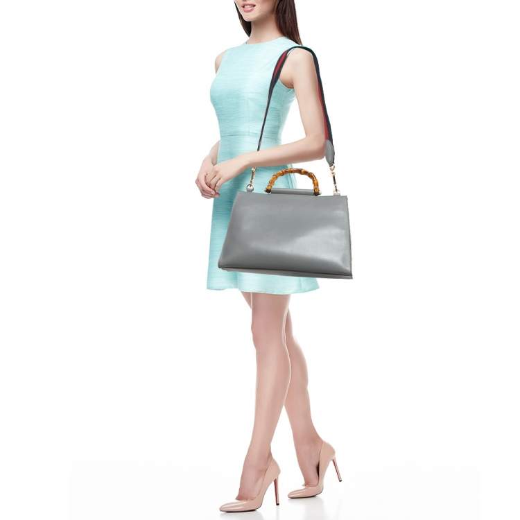 Pre Owned Gucci Grey Leather Medium Nymphaea Bamboo Tote