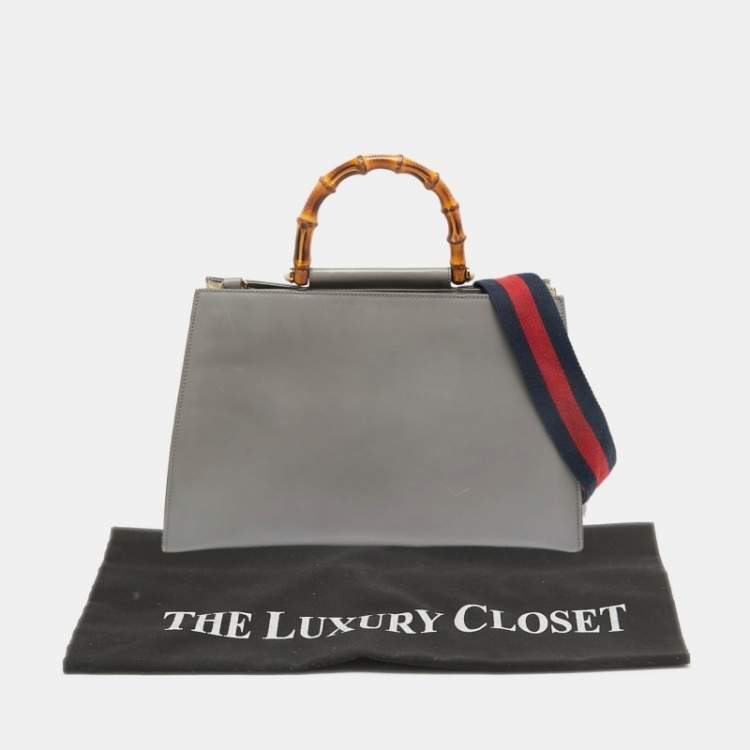 Pre Owned Gucci Grey Leather Medium Nymphaea Bamboo Tote