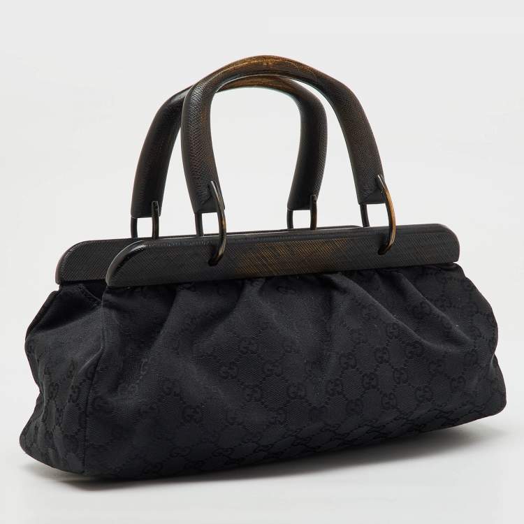 Pre Owned Gucci Black GG Canvas Wood Handle Frame Bag