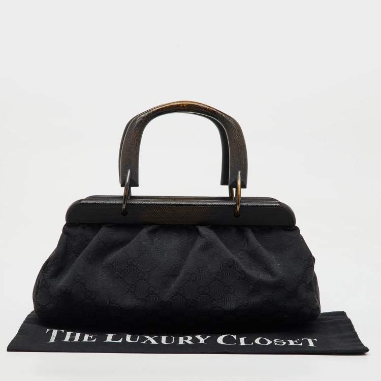 Pre Owned Gucci Black GG Canvas Wood Handle Frame Bag