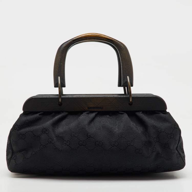 Pre Owned Gucci Black GG Canvas Wood Handle Frame Bag
