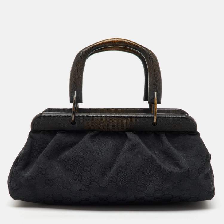 Pre Owned Gucci Black GG Canvas Wood Handle Frame Bag