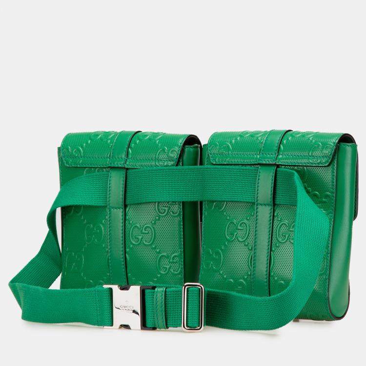 Pre Owned Gucci Green GG Embossed Perforated Double Belt Bag